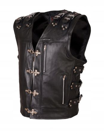 KAMIZELKA MOTOCYKLOWA SKÓRZANA Z KLAMRAMI I PASKAMI